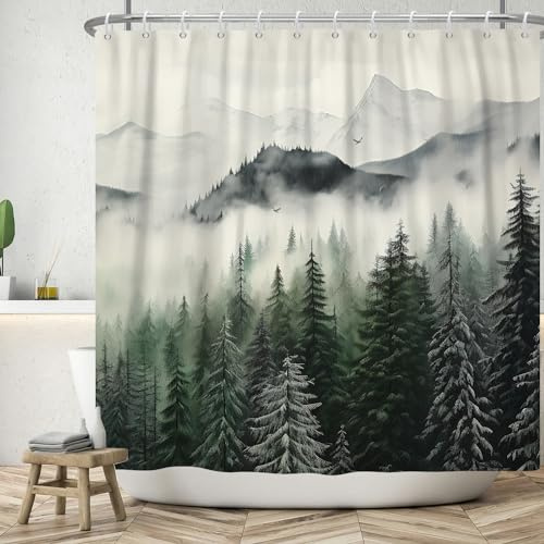 ASDCXZ Rideau de Douche Forêt 180x200 cm, Paysage Naturel Brouillard Vert Forêt Jungle Neige Montagne Oiseaux Lavables Textile Rideau de Bain imperméable pour Baignoire avec 12 Crochets