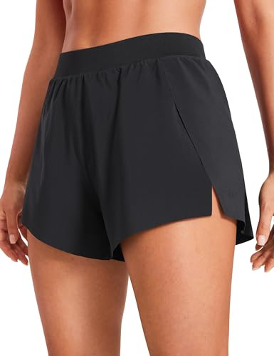 CRZ YOGA Running Shorts for Women High Waisted V Split for Gym Workout Athletic Track with Liner Breathable Quick Dry Black Medium