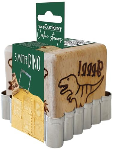 SCRAP COOKING ScrapCooking 5299 - Timbro per pasticceria in legno, motivo dinosauro, con 1 taglierino per biscotti e cubo, con 5 facce incise in rilievo, stampo decorativo Dino Jungle