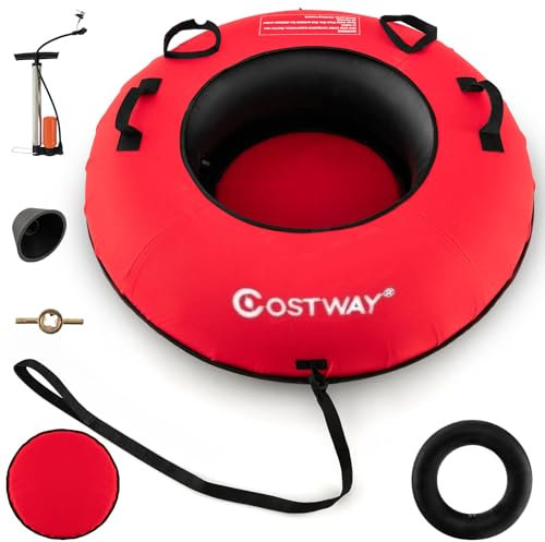 COSTWAY Heavy-Duty Snow Tube, 1/2 Person Inflatable Sled Ski Tube with Handles, Canvas Cover, Tow Strap, Pump and Repair Kit, Outdoor Snow Sledge Fun Toys for Kids & Adults (Red, 1-Person)
