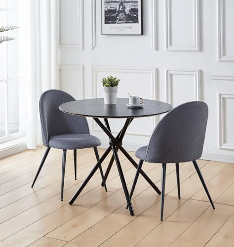 Hallowood Furniture Cullompton Small Dining Table and 2 Chairs, 3-piece Set | Black Dining Table and 2 Chairs in Curved-back Grey Fabric Upholstery, Modern Space Saving Dining Room Sets for Home or Café