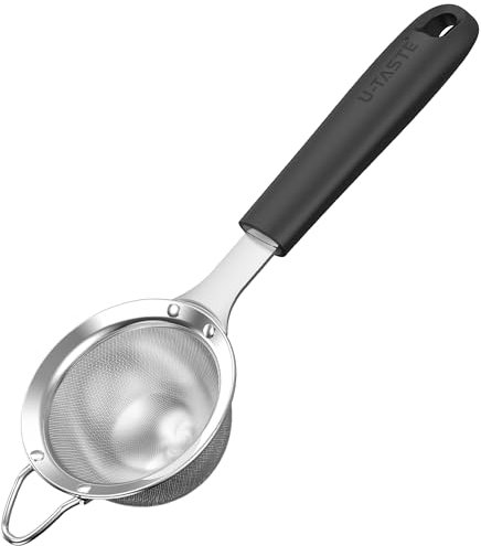 U-Taste Tamiz de malla fina pequeño: colador de cocina de acero inoxidable 18/8 de 8,5cm con mango de silicona resistente remachado, ideal para tamizar harina, colar té, arroz, quinua (Negro)