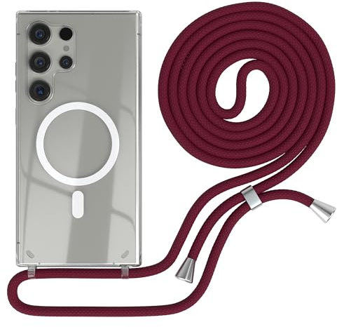 EAZY CASE - Handykette kompatibel mit Samsung Galaxy S24 Ultra Kette zum Umhängen Stoßfest Handyhülle für Galaxy S24 Ultra Silikon Hülle mit Band Handytasche Transparent Fallschutz in Burgunder Rot