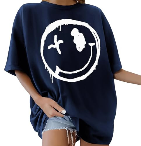 CMTOP Oversized T Shirts for Women Summer Drop Shoulder Tops Short Sleeve Cotton Round Neck T-Shirts Casual Graphic Tees Baggy Style Blouse Loose Baseball Tshirts for Teen Girls(Navy Blue,L)
