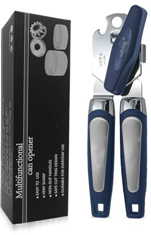 Safring Dosenöffner, manuell, robust, Edelstahl, bequemer Griff, scharfe Klinge, glatte Kante, Dosenöffner mit multifunktionalem Flaschenöffner, Blau