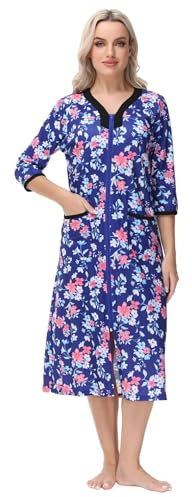 Alunsito Damen-Nachthemd mit Reißverschluss, 3/4-Ärmel, Leichter, kurzer Bademantel mit Leopardenmuster und Taschen, Violettes Blumenmuster, Größe XX-Large