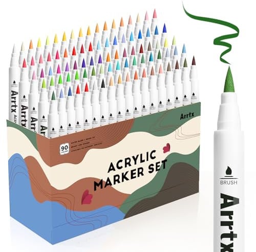 Arrtx Rotuladores Acrílicos de 90 Colores, Bolígrafos de Pintura Acrílica para Artistas y Adultos, Marcador de Pintura con Punta de Pincel para Pintura de Roca, Cristal, Madera,Cerámica,Plastico-90A