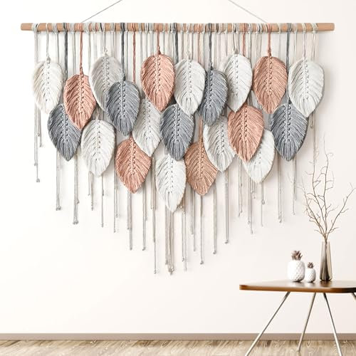 ASTNIC Großer Makramee Wandbehang Wandteppich Gewebter Böhmische Quaste Blatt Tapisserie Chic Home Wandkunst Rosa Makramee Ästhetische Dekor für Schlafzimmer Wohnzimmer Hintergrund,100cm B X 72cm L