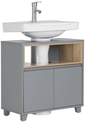 SoBuy Waschbeckenunterschrank Schmaler Bad Unterschrank mit Tür und 2 Fächern, Badezimmer Schrank Grau-Holz Design Ideal für kleines Badezimmer 60x30x61 cm BZR148-DG