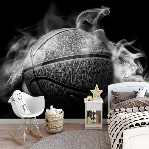 3D Wallpaper Smoky Basketball Design Wall Decal 250 x 175 cm Art Mural Stickers Home Decor for Living Room Bedroom Home Decoration TV Backdrop Wall Gray