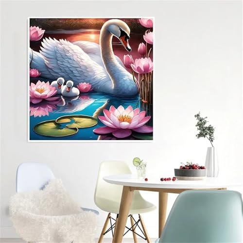 Hoonjiin Rosa Lotus Diamond Painting Erwachsene,5D Tier Schwan DIY Diamant Painting Bilder,Full Round Drill Diamant Malerei Set Wanddekoration - 40x40cm