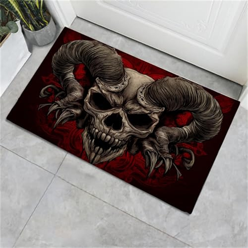 CECE&COLE Badematte rutschfest 40×60CM, Super Absorbierende Badezimmerteppich, Schnelltrocknende Hörner Dämon Totenkopf Badvorleger, Waschbar Duschvorleger für Dusche, Badewannen und Badezimmer