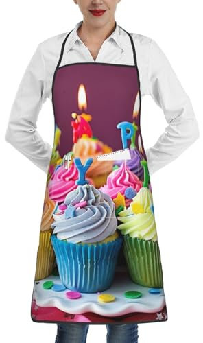 BEIVGOXL Bunte Happy Birthday Cupcakes bedruckte verstellbare Kochschürze mit Tasche, Unisex-Küchenschürze, Kochschürze, 51,8 x 71,9 cm, Weiss/opulenter Garten, Einheitsgröße