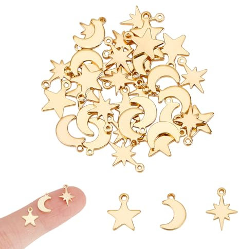 UNICRAFTALE 36 Stück 3 Stile 18 Karat Vergoldete Mond- und Stern-Charms - Baumelnde Schmuck für Halsketten, Armbänder und Ohrringe