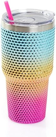 Katsy Style Reusable Metallic Studded Tumbler with Pink Straw, 760ml, Double Wall Insulation, Ideal for Hot and Cold Beverages