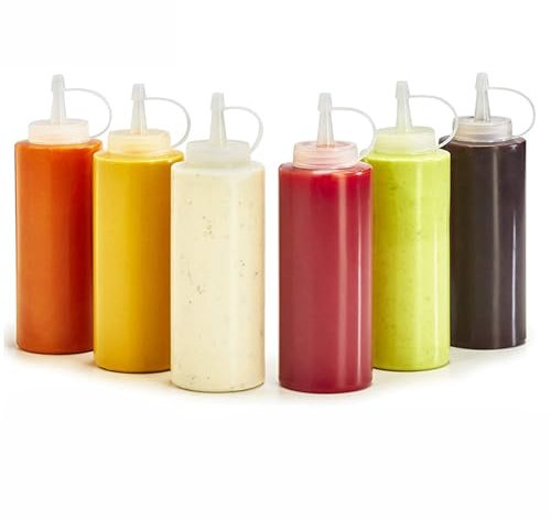 trabag 6 Stück Quetschflasche 250ml, Plastik Squeeze Flasche, 8oz Mit Kappe Dosierflasche, Saucenflasche, Quetschflasche für Malen,Backen,Ketchup,Scharfe SoßE,Olivenöl