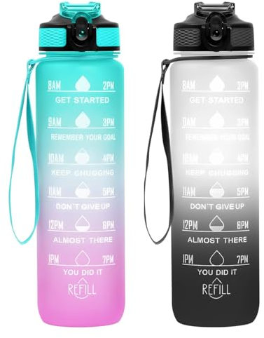2 Stück Trinkflasche 1L, BPA-Frei Tritan Wasserflasche mit Strohhalm, Sport water bottle mit Zeitmarkierung für Fitness, Schule, Yoga, Outdoor (2 Stück Hellgrün-Hellrosa, Weiß-Schwarz)