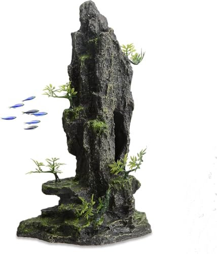 Uotyle Resin Mountain Ornament with Cave & Tree, Large Aquarium Decor 36.6cm, Fish Tank Decoration for Shrimp, Guppy, Betta to Hide & Play