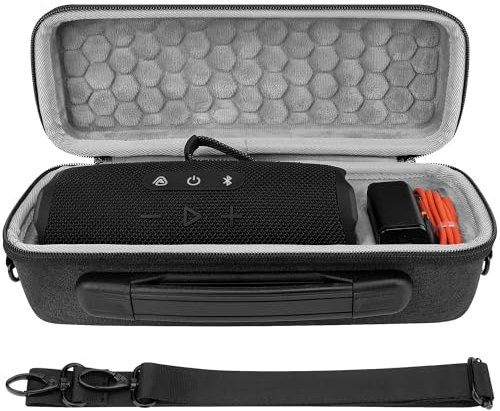 GEEKRIA Shield Speaker Case Compatible with JBL Flip 7/6/5 Replacement Hard Shell Portable Protective Carrying Bag with Cable Storage, Keychain Hook, Travel Shoulder Strap (Dark Grey)