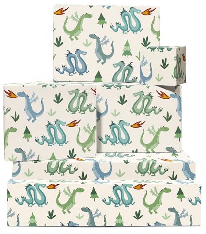 Drachen-Geschenkpapier – 6 Bögen für Jungen – Für Geburtstag, Weihnachten, Babyparty, Ostern – Blau, Grün, Creme – Süßes Design für Sohn, Student – Mit Etiketten – Umweltfreundlich