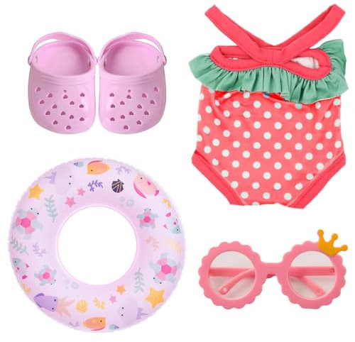 Vetement Poupee, Afenau Ensemble de 4 Maillot de Bain pour Poupée avec Bouée, Lunettes de Soleil, Maillot de Bain et Sandales, Tenue de Piscine de Poupées, Accessoire Poupee pour poupées de 18 Pouces