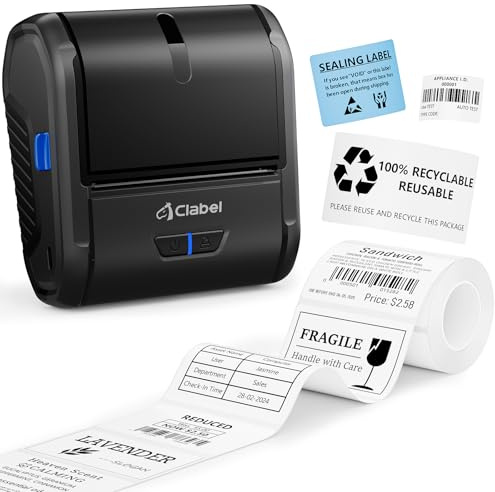 CLABEL S1 Etikettendrucker Bluetooth, 75mm Tragbarer Thermo Etikettiergerät | Kompatibel mit 20-75mm Fremdetiketten, iOS Android PC, 2200 mAh Akku, Für Barcode Büro Adresse Einzelhandel Preis Schule
