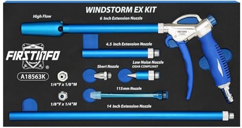 FIRSTINFO Druckluftpistole Venturi Windstorm EX Kit Kfz Werkstatt A18563KEU | Aluminiumdruckguss, 2X Luftstrom 2590L/min, Gummigriff, 790g, 6-teiliges Düsen-Kit, kompatibel mit FIRSTINFO Zubehör, Taiwan