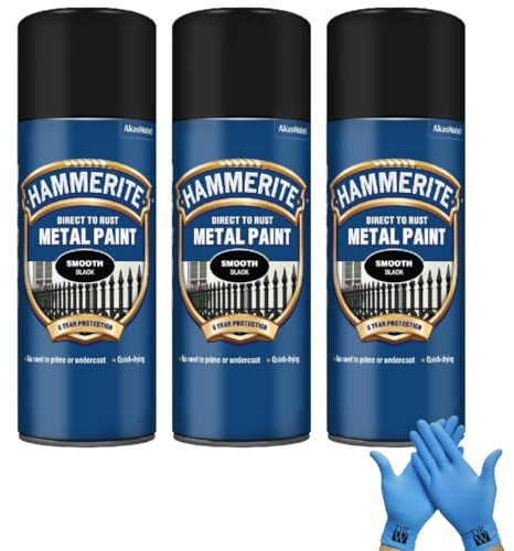 Hammerite Direct to Rust Metal Spray Paint Smooth Black 400ml Tripple Pack + Free Nitrile Gloves | Fast-Drying Aerosol, Durable Rust Protection for Indoor & Outdoor Metal