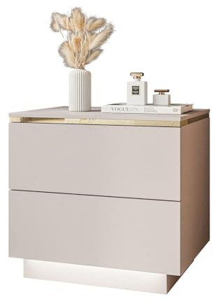 Lookway Nachttisch Aurora II Kaschmir Matt mit LED Beleuchtung Hängend oder auf Goldenen Beinen Gold Dekorative Leiste Modernes Schlafzimmermöbel (mit Sockel)