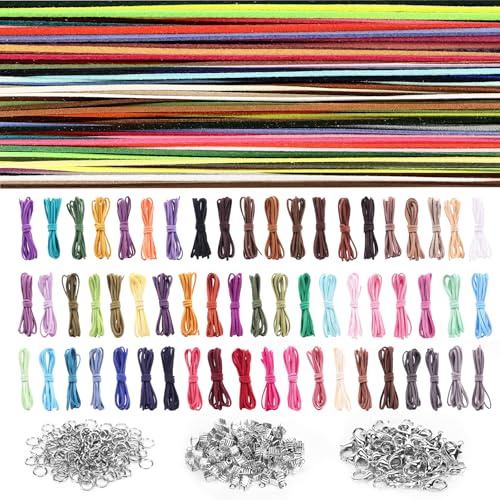 Freyeeti 60 Piezas 60 Colores Cuerda Cuero, 1 m x 3 mm Cuerda de Cuero con 100 Cierres, 50 Cierre de Mosquetón y 100 Anillos Salto para ollar Pulsera DIY Manualidades Abalorio de Cuentas