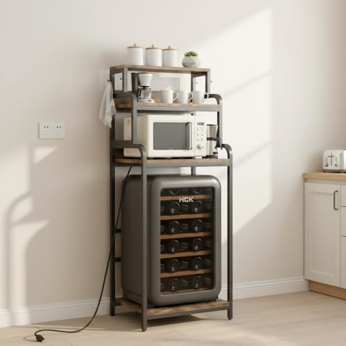 FEBORY Vintage Industrial 4-Tier Mini Fridge Stand, Walnut Brown MDF and Metal Construction, Kitchen Storage Rack with Adjustable Shelves, 61.6 H x 25.2 W x 17.71 D