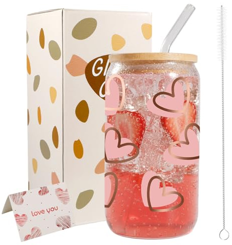 JEKUGOT Valentines Gifts for Her, Valentine's Day Glass Cups with Lids and Straws, Fun Gift for Girlfriend, Wife, Fiancee, Girlfriend, Birthday, Friend, Valentines Day Decorations