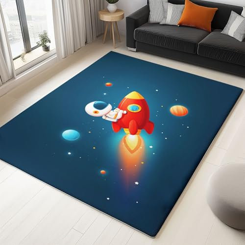 Teppich Wohnzimmer rutschfest 100 x 150 cm, Blau Karikatur Waschbar Teppich Schlafzimmer, Weltraum Astronauten Raketen Teppichen, Extra Weich Antiallergen Kinderteppich Büro Esszimmer