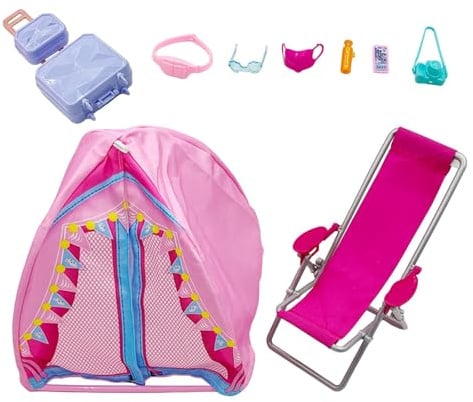 harayaa Puppen Camping Spielset, Zelt, Mini Strandstuhl, Realistisches Zubehör für Kinder Rollenspielpuppen, 9 StÜcke