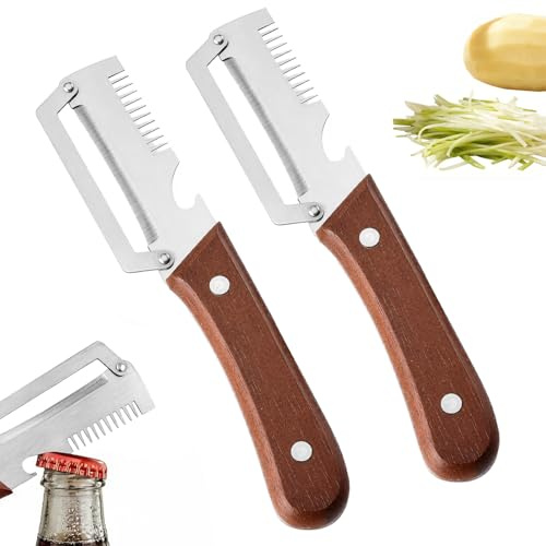 2PCS Multifunctional Vegetable Peeler, 3-in-1 Zero Snag Kitchen Peeler for Fruits and Vegetables, descaling Fish, shredding, and Opening Bottles, Brown