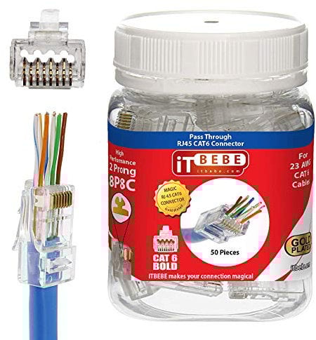 ITBEBE 50-Pack RJ45 Pass Through Connectors for Cat6 and Cat6a, 23 AWG – Compatible with Solid and Stranded Ethernet Cables