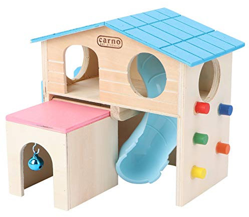 POPETPOP Kletterhaus für kleine Haustiere, Holz, Rutsche, Spielhütte für Hamster, Chinchilla, Meerschweinchen, Ratte, Blau