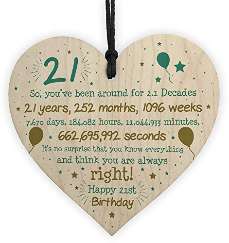 RED OCEAN 21st Birthday Gift For Daughter Son Wooden Hanging Heart Twenty One Birthday Card