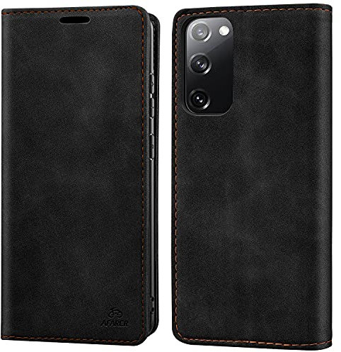 AFARER Handyhülle für Samsung Galaxy S20 FE, mit Magnetverschluss klapphülle, Brieftasche Klappbar Ledertasche Leather Wallet case Stoßfest Schutz mit Kartenhalter,Klappständer Ständer - Schwarz