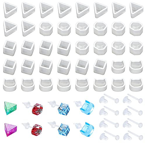 Xihuimay 40 Stk Ohrstecker Harz Silikon Form mit 35 Paar Ohrstöpsel Quadrat Dreieck Hexagon Katzenohrform Gießformen Epoxid Casting Mould Kleine Ohrring Formen mit für DIY Schmuck Handwerks Werkzeuge