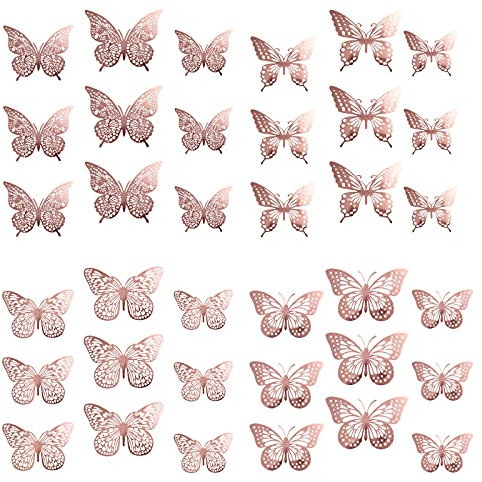 VEGCOO 48PCS Rose Gold 3D Butterfly Cupcake Toppers, Hollow Butterfly Party Cake Decoration Butterfly Stickers for Birthday Wedding Party/Wall Decoration