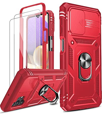 LeYi for Samsung Galaxy A52S/A52 5G/4G Case with Slide Camera Cover and 2 Tempered Glass Screen Protector, Ring Holder Full Body Protective Heavy Duty Shockproof Tough Girl Women Hard Phone Cover,Red