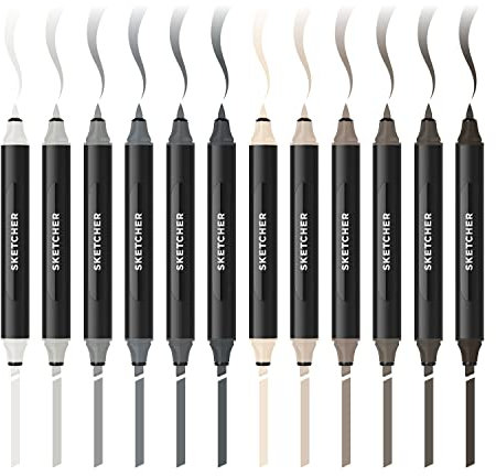 Molotow Sketcher Twinmarker Grey Kit 1 (Brush Tip & 3mm Keilspitze, farbintensive Aqua Pro Tinte, schnelltrocknend, für die Anwendung auf Papier) 12 Stifte in warmen Grautönen