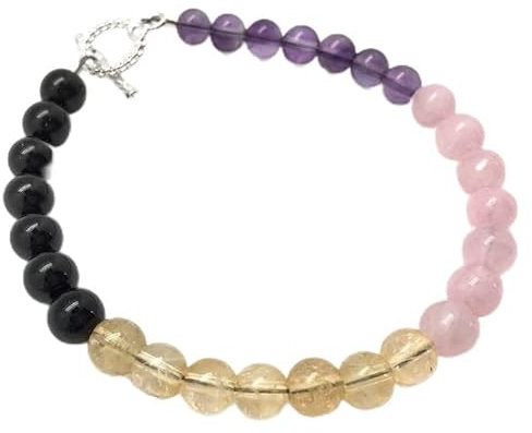 LKBEADS amethyst, rose quartz, citrine & black tourmaline 6mm round shape smooth cut gemstone beads 7 inch stacking bracelet with 925 sterling silver- silver plated lock clasp bracelet