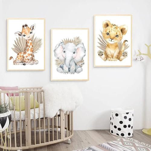 3 Poster Waldtiere, Kinderzimmer, 30 x 40 cm, Savanne, Kinder, Poster, Löwe, Elefant, Giraffe, Bild, Tiere, Dschungel, Kinder, Leinwand, Wanddekoration, Babyzimmer, Mädchen, Jungen, Geschenk, ohne