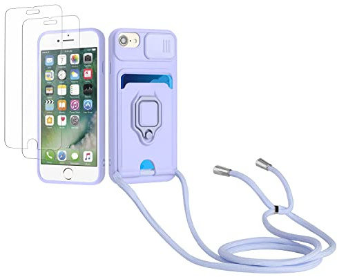 Kaslly Case für iPhone 6/6S/7/8/SE 2020 Handykette Hülle+[2 Schutzfolie Glas],Slide kameraschutz,Silikon Handyhülle zum Umhängen Kette,Kartenfach-Violett