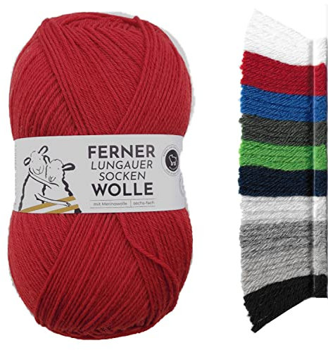 Ferner Wolle Lungauer Sockenwolle 6fach uni | mit Merinowolle mulesingfrei | Sockengarn 6-fädig einfarbig | dicke Strumpfwolle zum Stricken oder Häkeln | 150g 425m (LU6-07 rot)