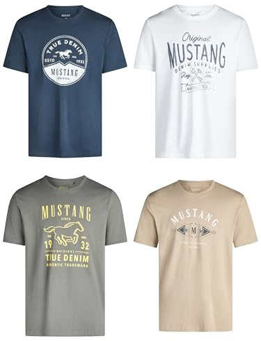 MUSTANG Tshirt Herren Baumwolle Regular Fit 4er Pack Set Rundhals Kurzarm Sommer Tee Shirt Logoprint Schwarz Weiß Grau Blau Grün S M L XL XXL 3XL 4XL 5XL 6XL