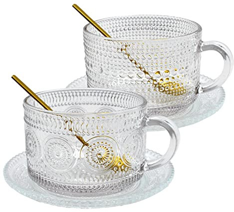 CIOUYAOS 2 Set Glass Coffee Mugs, Large Clear Vintage Ribbed Cups with 2pcs Spoons 2pcs Glass Saucer, Can Shaped Sunflower Beads Coupe and Coasters for Drinking Cappuccino, Latte, Tea, Yogurt, Milk