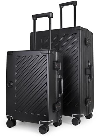 100% Polycarbonate Zipperless Suitcase Set, Small Carry On + Large Check in Luggage, Double TSA Locks, Hardside 4 Spinner Wheels, Aluminium Handle, Flight Case for Travel in Steel Black